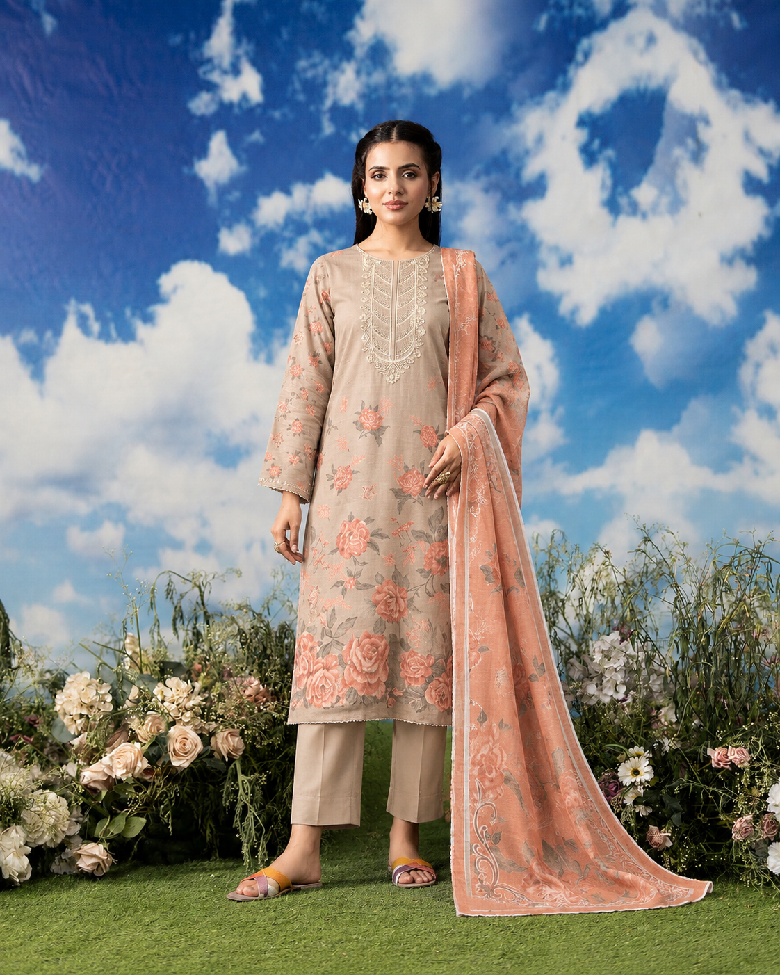 3-Piece Printed Embroidered Karandi Suit